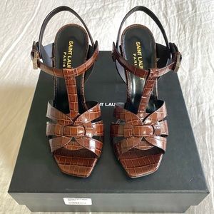 Saint Laurent Tribute 105 Sandals in Brown Croc-Embossed Leather